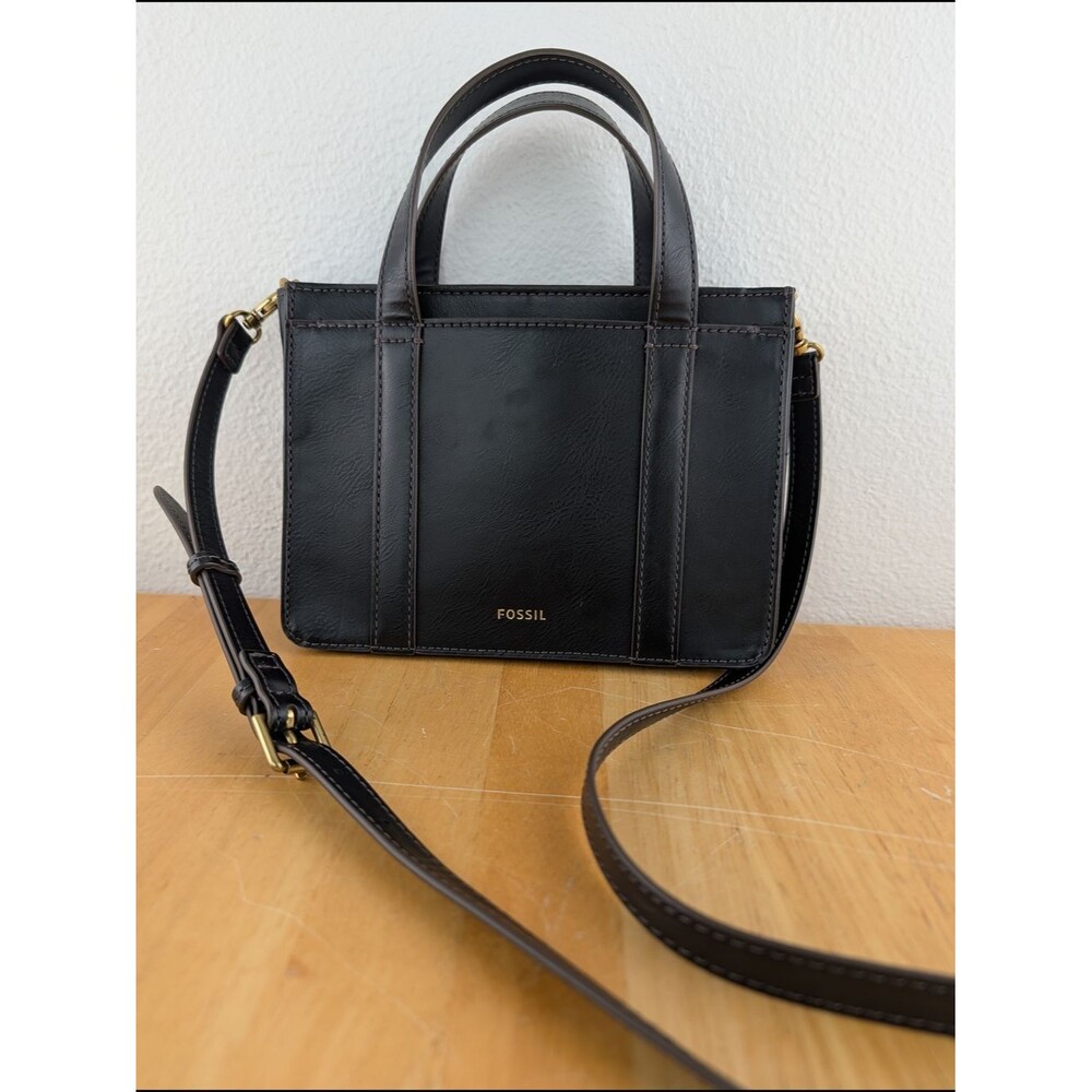Fossil Maisie Mini Black Leather Structured Tote Bag Satchel Purse Gold Hardware